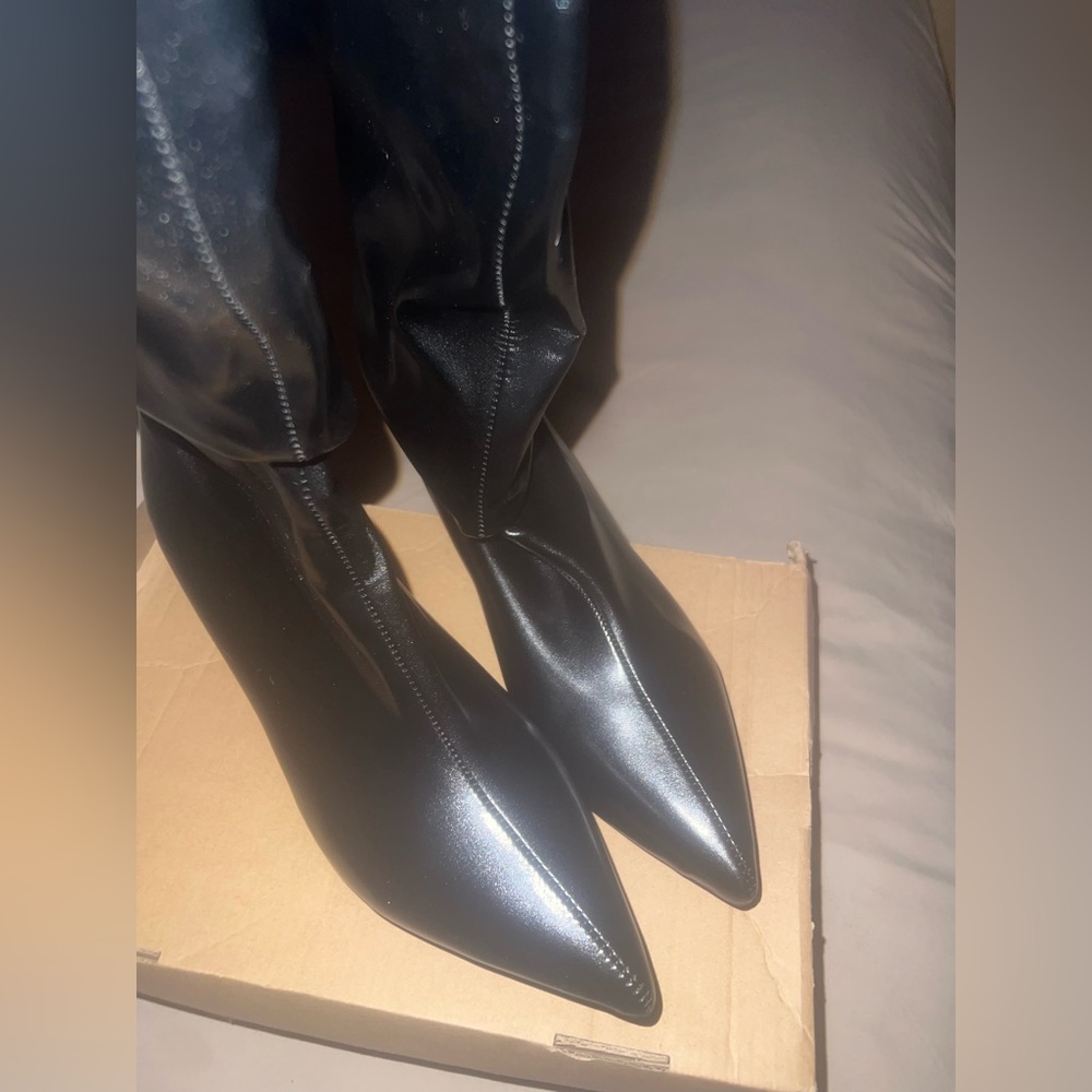 MICAS Black Pointed Toe Knee-High Women's Boots